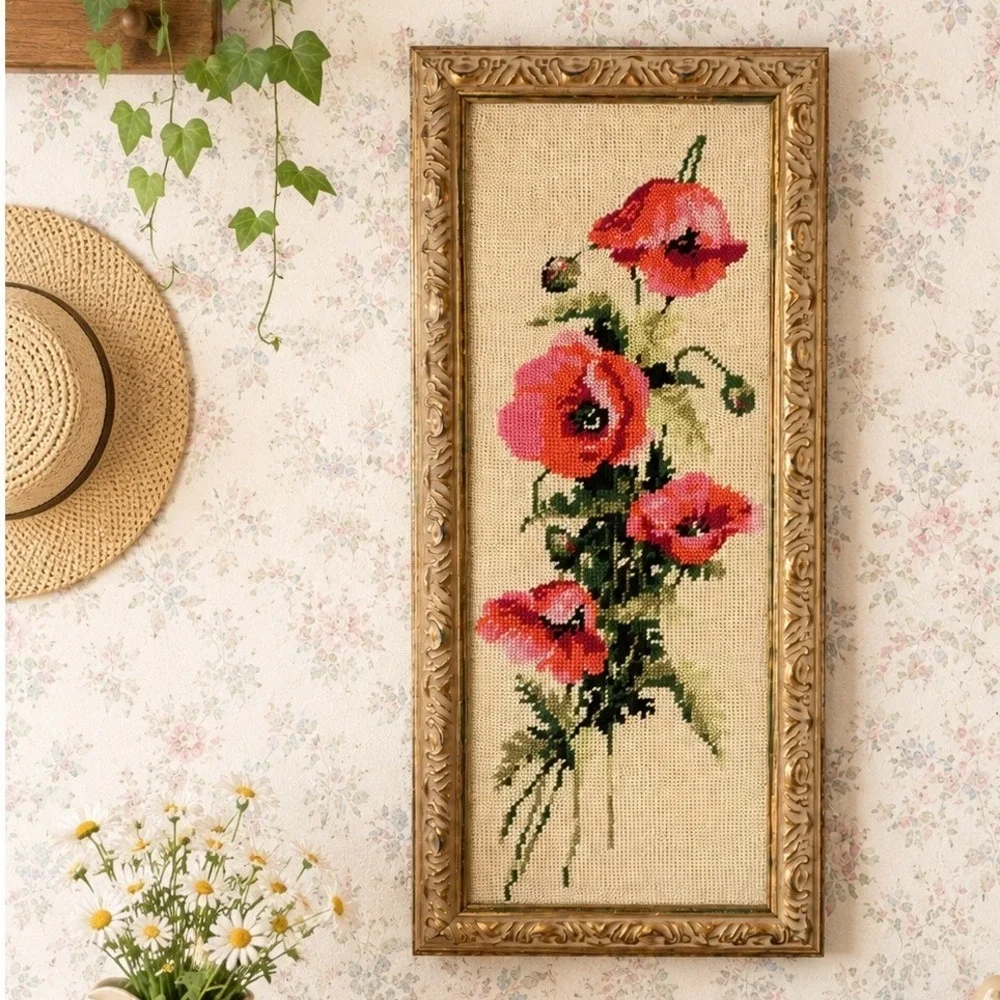 Vintage Floral Needlepoint Ornate Frame 10X22 Cottagecore Handmade by Grandma